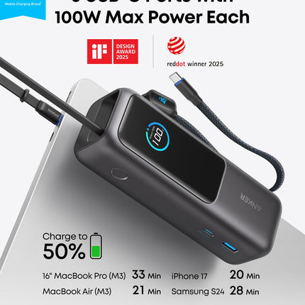 باور بانك Anker بسعة 25,000 mAh مع شحن سريع 165W وكابلات USB-C مدمجة