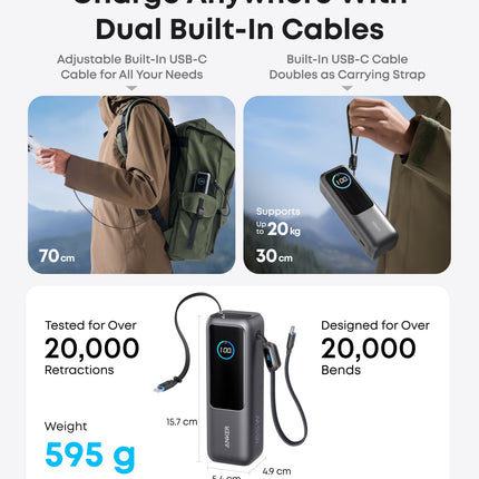 باور بانك Anker بسعة 25,000 mAh مع شحن سريع 165W وكابلات USB-C مدمجة