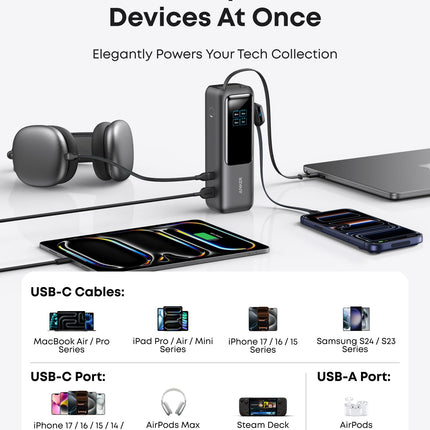 باور بانك Anker بسعة 25,000 mAh مع شحن سريع 165W وكابلات USB-C مدمجة