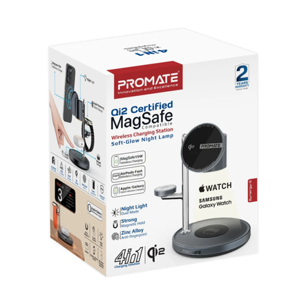 منصة شحن لاسلكي Promate Synergy رباعية (4 في 1) معتمدة Qi2 مع MagSafe