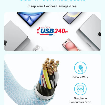كابل أنكر زولو USB-C إلى USB-C 240 واط مضفر 1.8 متر