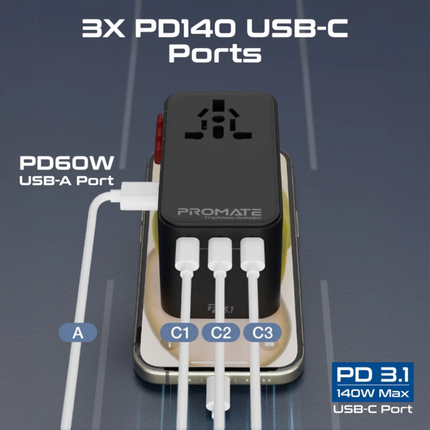 Promate TripMate-GaN160 Universal Travel Adapter 160W