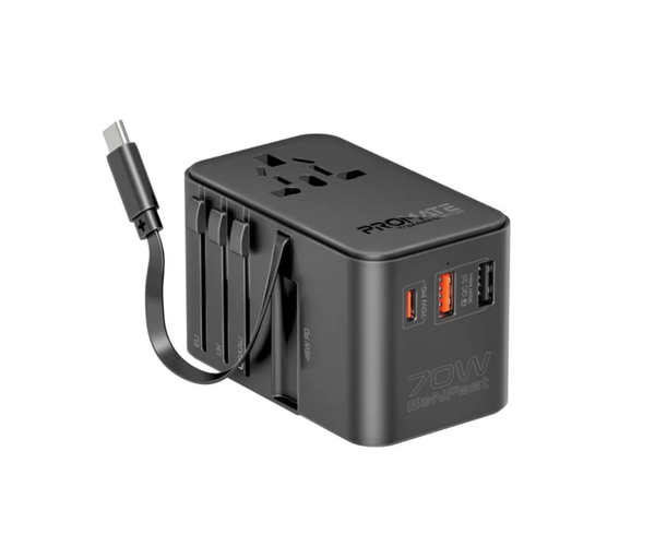 محول سفر عالمي Promate TripMate-GaN70R بقدرة 70 واط مع كابل USB-C قابل للسحب