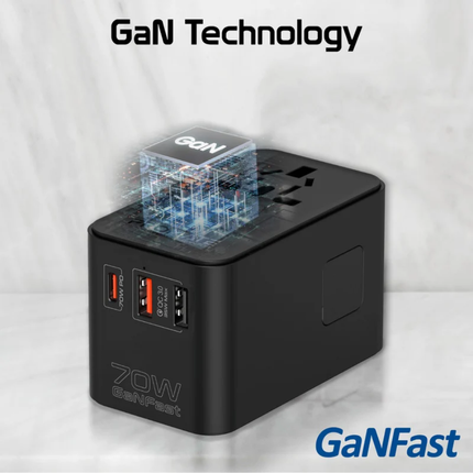 محول سفر عالمي Promate TripMate-GaN70R بقدرة 70 واط مع كابل USB-C قابل للسحب