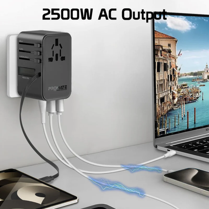 محول سفر عالمي Promate TripMate-GaN70R بقدرة 70 واط مع كابل USB-C قابل للسحب