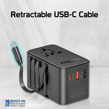 محول سفر عالمي Promate TripMate-GaN70R بقدرة 70 واط مع كابل USB-C قابل للسحب