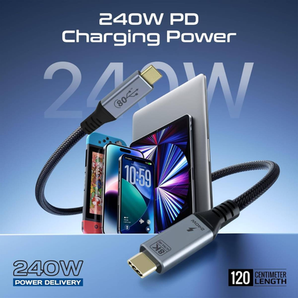 Promate PowerBolt5-80G USB4 Cable 80Gbps 240W Thunderbolt 5 Compatible 1.2M