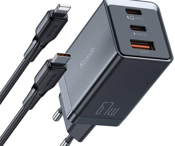 شاحن Mcdodo GaN 5 Mini Pro 67 واط ثنائي USB-C مع كابل USB-C إلى Lightning